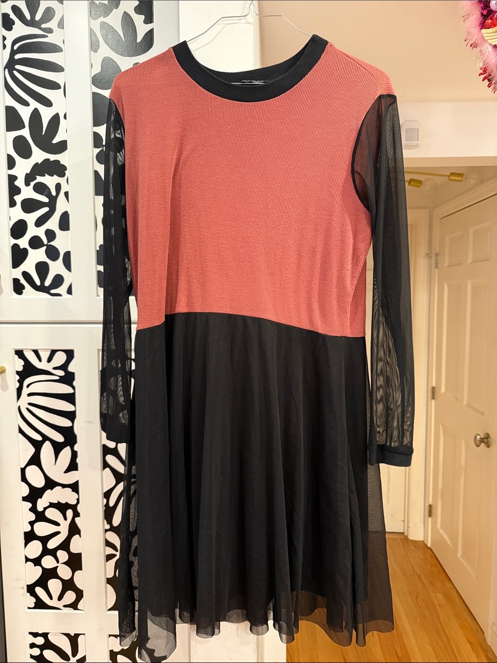 Womens Two-Tone Mesh Sleeve Dress - Coral and Black